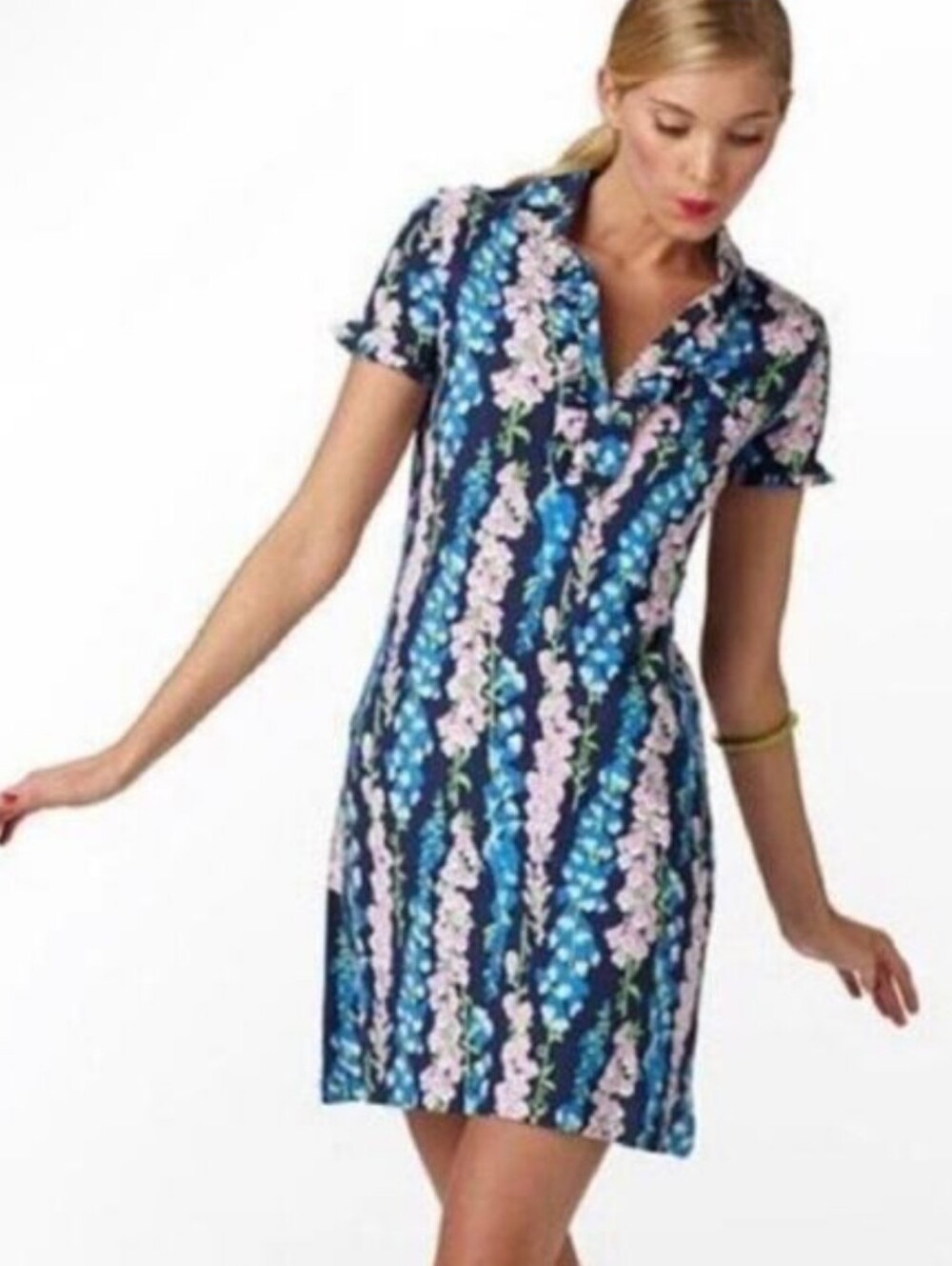 Lilly Pulitzer Foxy Foxglove Carolyn Short Sleeve Lightweight Polo Ruffle Dress